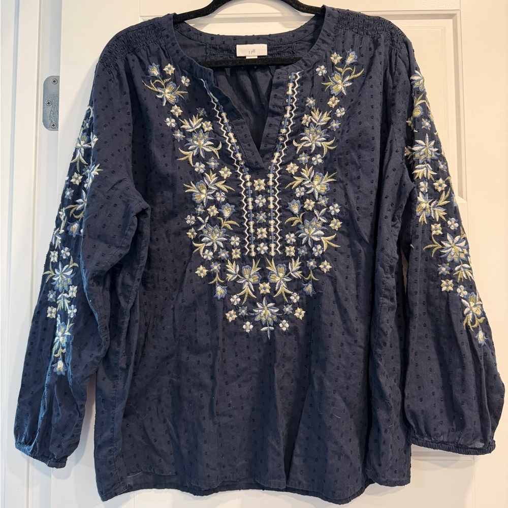 J‎ Jill Embroidered Long Sleeve Swiss Dot Tunic Too Womens XL Petite 100% Cotton